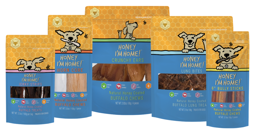 five pkgs. honey-coated dog treats. bully sticks, crunchy ears, horn corn, jerky strips, lung bites