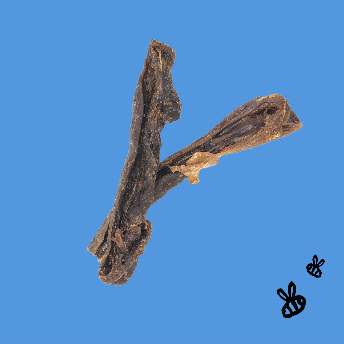 two udder sticks on a bright blue background with drawing of two black bees on bottom right