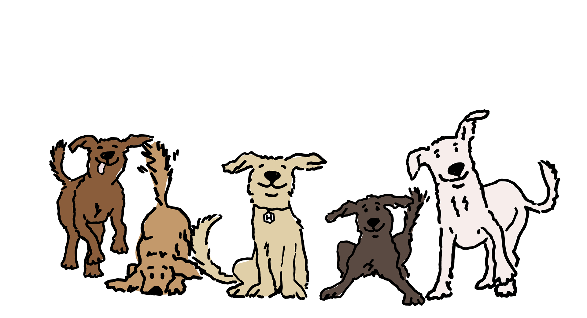 A cartoon-style illustration of five different dog breeds standing together on a plain white background for honey im home website.