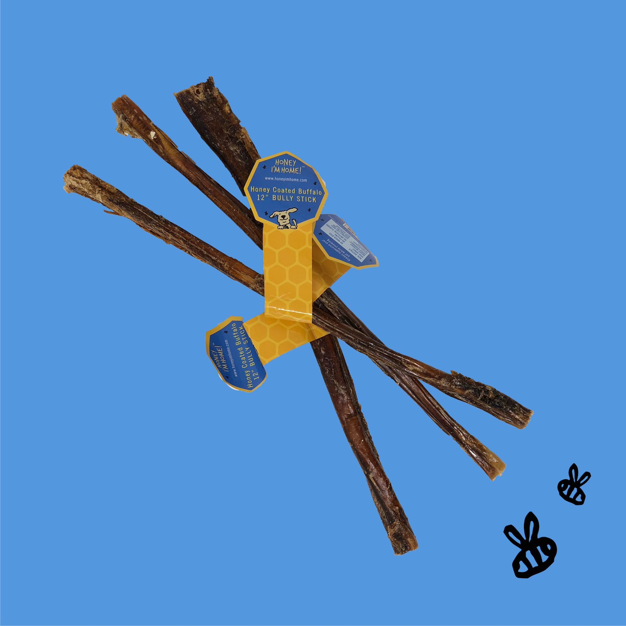 3 single, 12" honey coated buffalo bully sticks from bulk box. yellow honeycomb tag with blue.