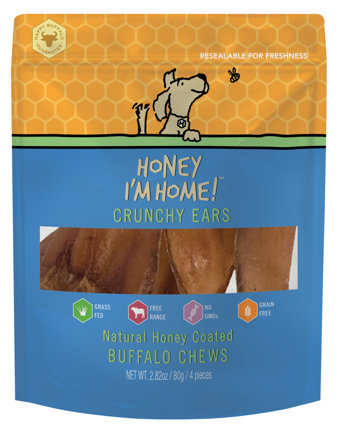 yellow and blue pkg. of honey-coated crunchy ears buffalo chews (4 pieces)
