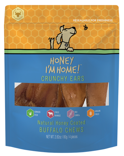 yellow and blue pkg. of honey-coated crunchy ears buffalo chews (4 pieces)