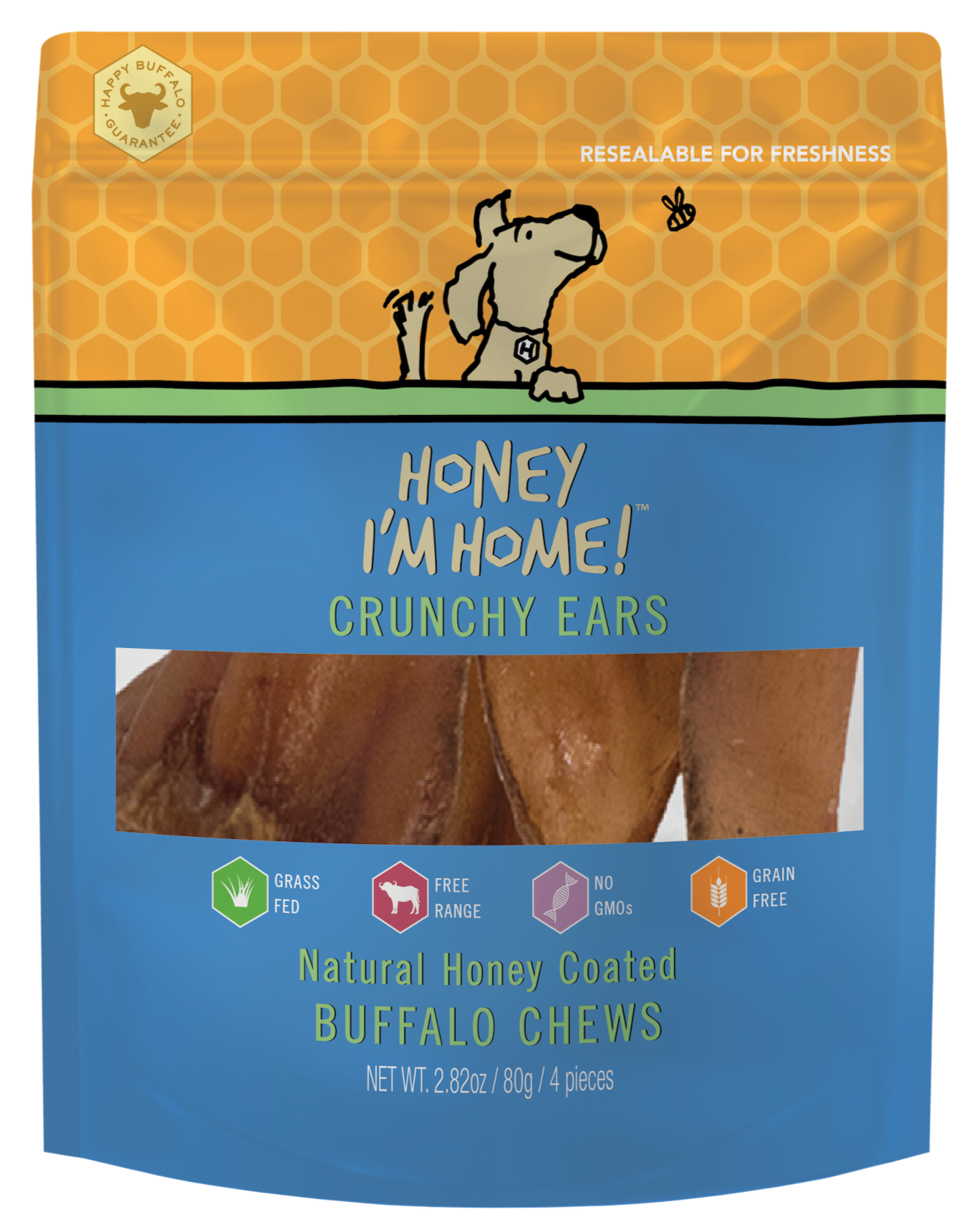 yellow and blue package honey-coated crunchy buffalo ears (4 pack) approx 2.4 oz.