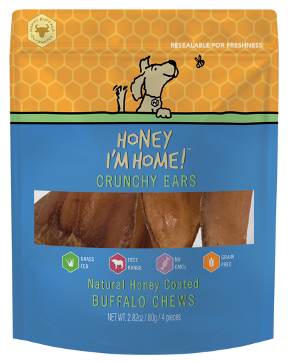 yellow and blue package honey-coated crunchy buffalo ears (4 pack) approx 2.4 oz.