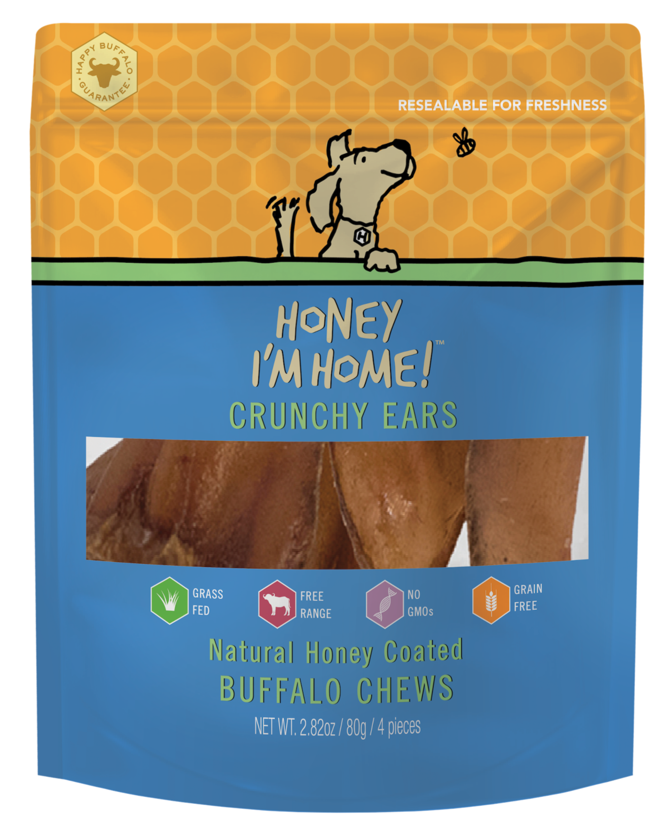 yellow and blue 4 pack full-sized crunchy buffalo ears (approx. 2.42 oz)