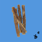 five, 6" buffalo pizzle and honey bully sticks on a bright blue background