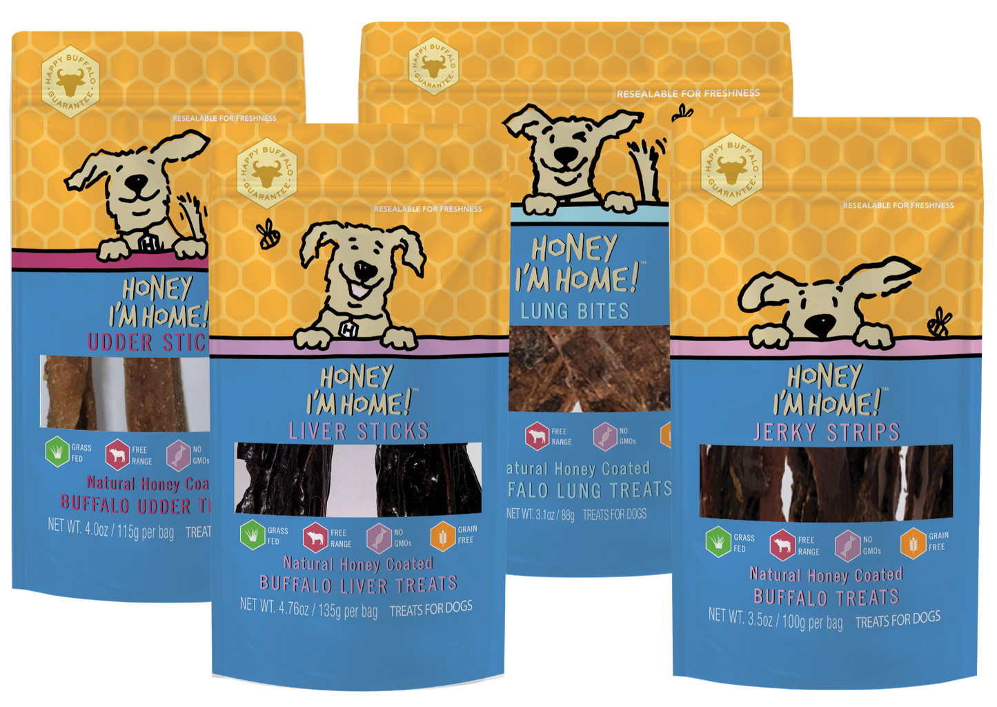 four 3.5 oz. (approx.) yellow & blue pkgs after advent bundle dog treats: strips, sticks and bites. 