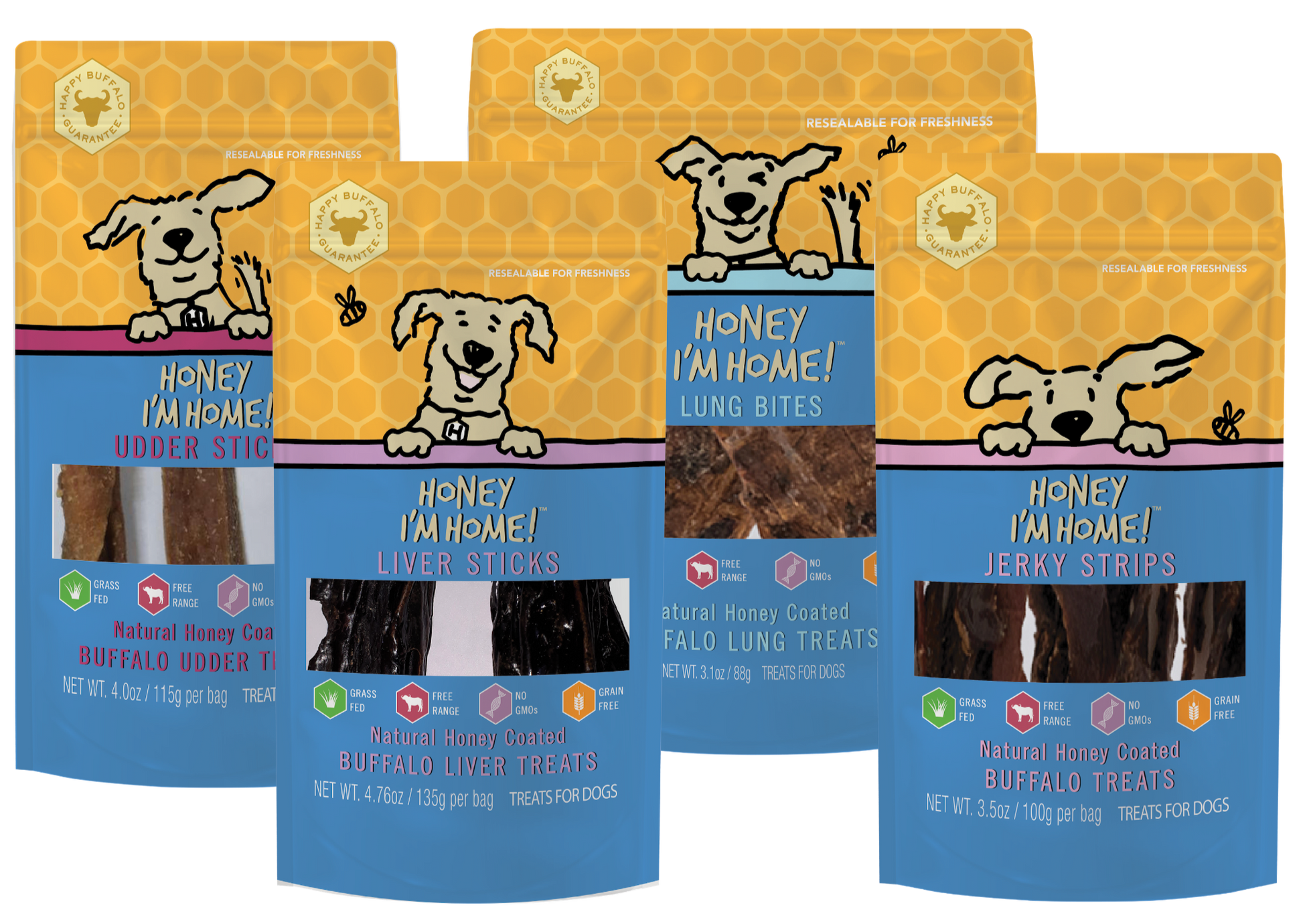 four 3.5 oz. (approx.) yellow & blue pkgs after advent bundle dog treats: strips, sticks and bites. 