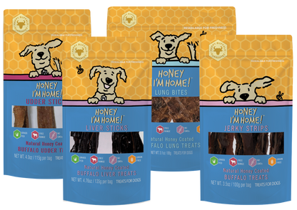 four 3.5 oz. (approx.) yellow & blue pkgs after advent bundle dog treats: strips, sticks and bites. 