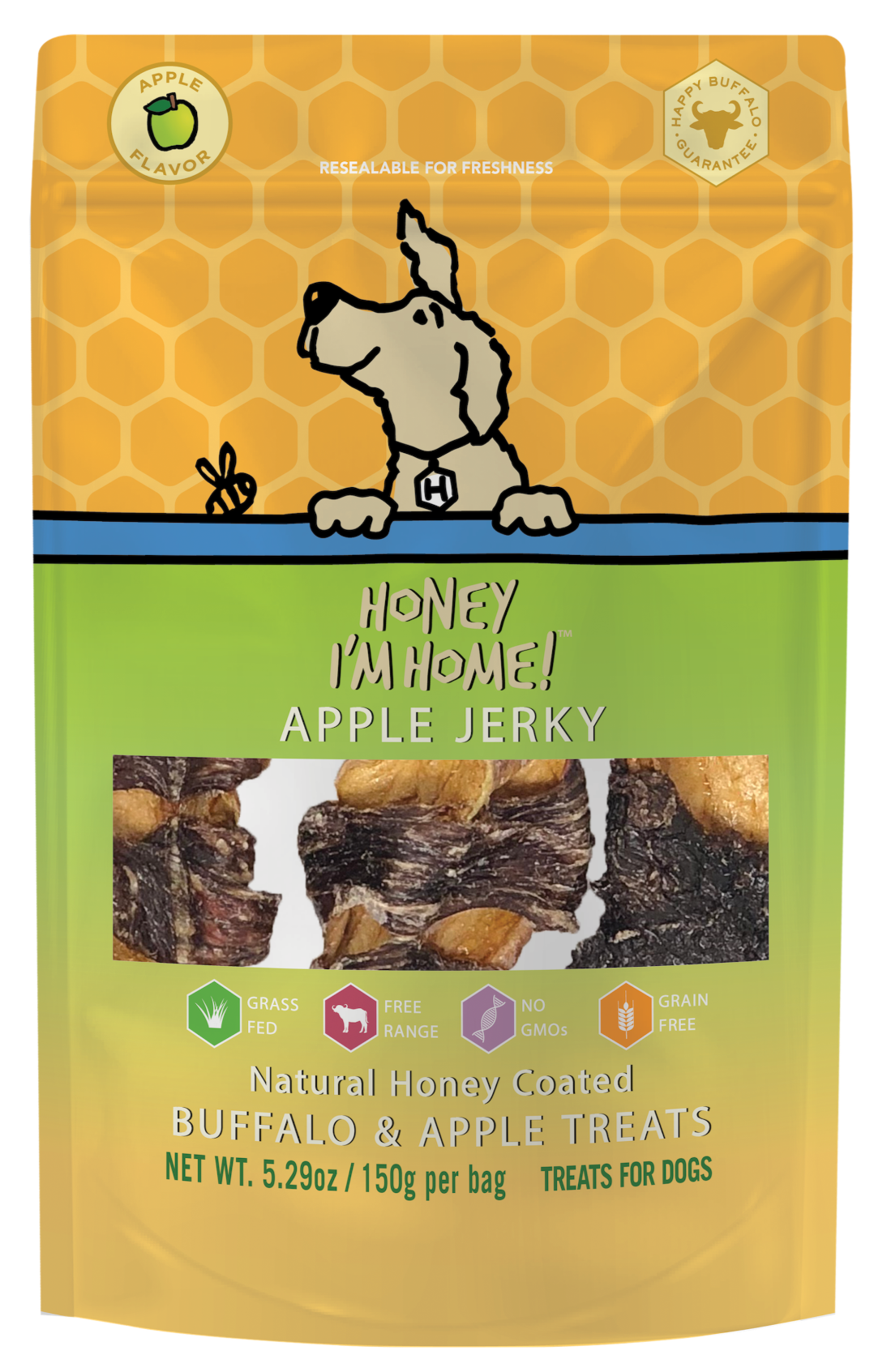apple wrapped water buffalo jerky dog treats in 5.2 oz. yellow and green pkg.