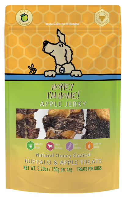 apple wrapped water buffalo jerky dog treats in 5.2 oz. yellow and green pkg.