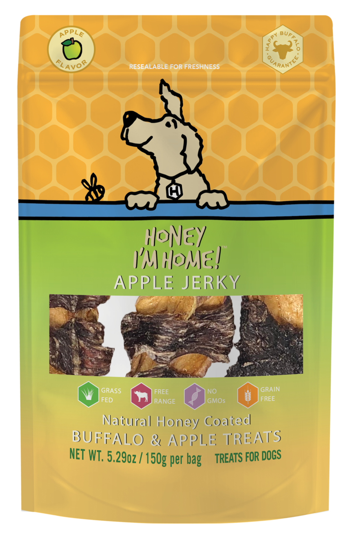 yellow and green apple jerky (approx. 3.2 oz) dehydrated apples wrapped in buffalo jerky