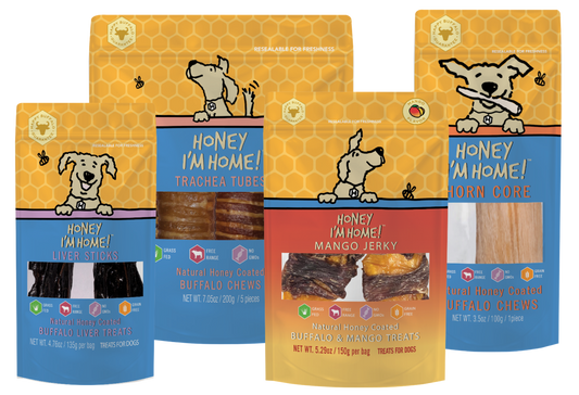 Big boy dog treat bundle. Liver sticks, trachea tubes, horn corn, mango jerky. pkg sizes vary