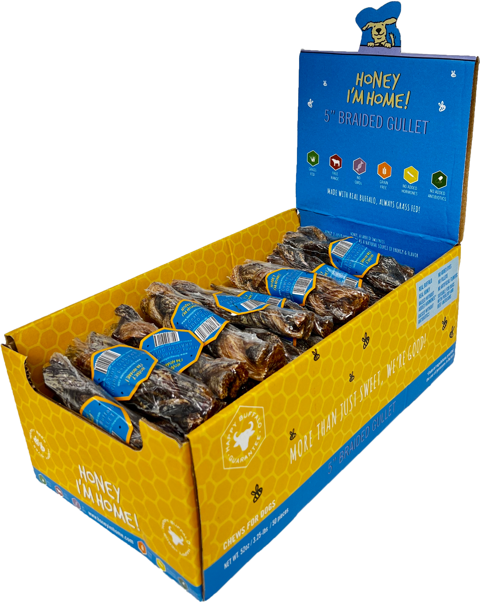 right side horizontal box, blue top, yellow bottom. filled with 50 pcs. braided gullet dog treats
