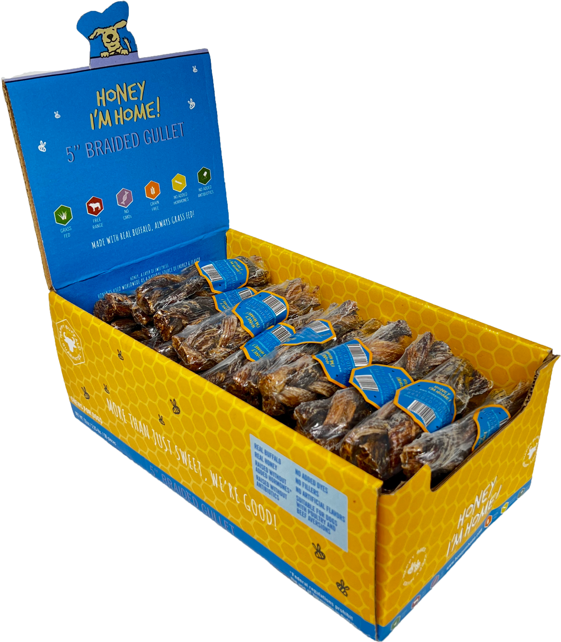 left side horizontal box, blue top, yellow bottom. filled with 50 pcs. braided gullet dog treats