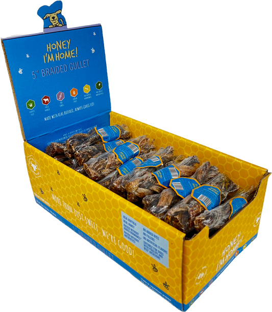 left side horizontal box, blue top, yellow bottom. filled with 50 pcs. braided gullet dog treats