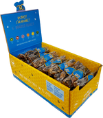 left side horizontal box, blue top, yellow bottom. filled with 50 pcs. braided gullet dog treats