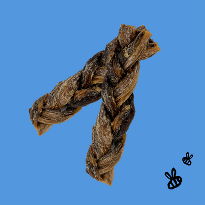 two braided buffalo gullets for dogs on a blue background, two black bee drawings, bottom right