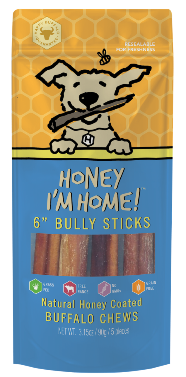 yellow and blue pkg. honey-coated bully sticks (5 pieces)