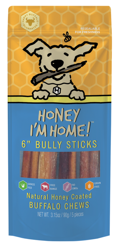 yellow and blue pkg. honey-coated bully sticks (5 pieces)