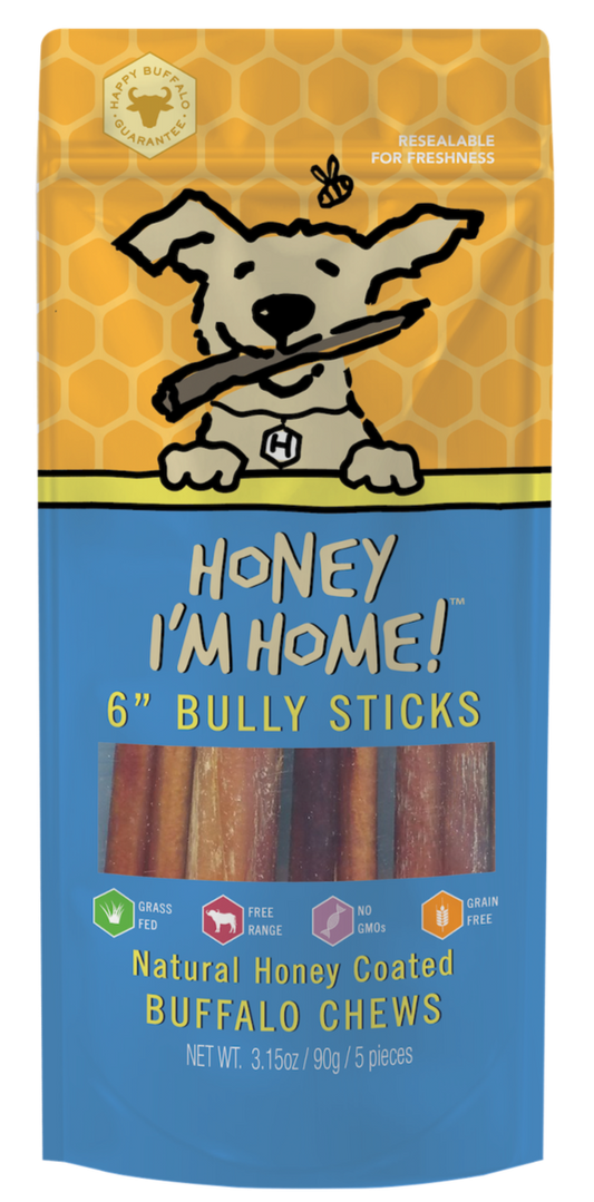 yellow and blue pkg. honey-coated bully sticks (5 pieces)