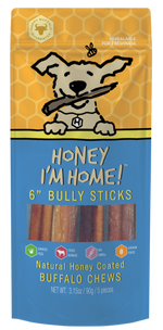 yellow and blue pkg. honey-coated bully sticks (5 pieces)