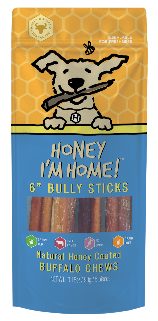 yellow and blue package of honey-coated 6" bully sticks (5 pcs) approx 3.15 oz.