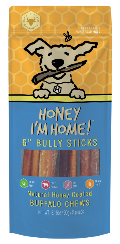 yellow and blue package of honey-coated 6" bully sticks (5 pcs) approx 3.15 oz.