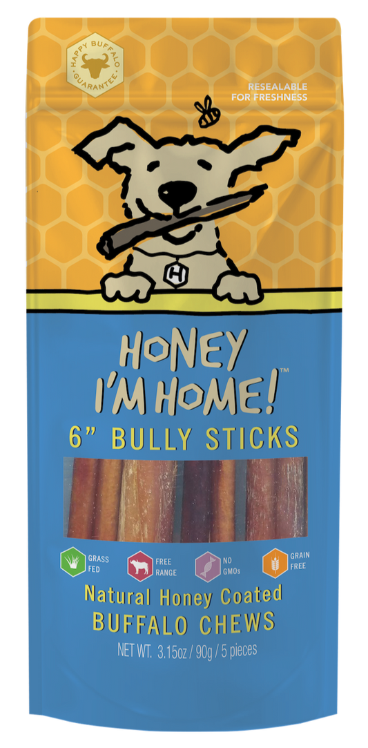yellow and blue package of honey-coated 6" bully sticks (5 pcs) approx 3.15 oz.