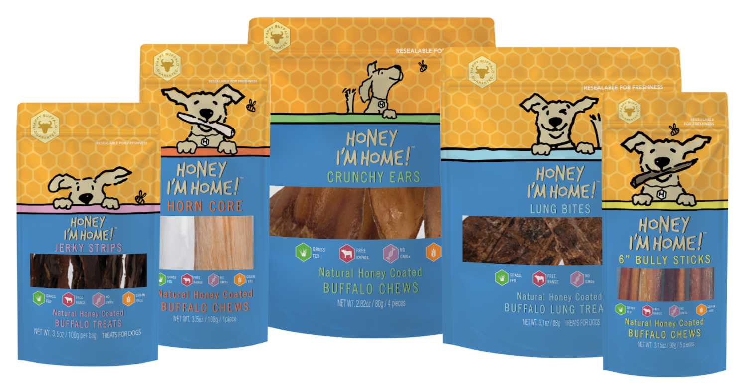 five pkgs. honey-coated dog treats. bully sticks, crunchy ears, horn corn, jerky strips, lung bites