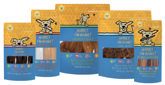 five pkgs. honey-coated dog treats. bully sticks, crunchy ears, horn corn, jerky strips, lung bites