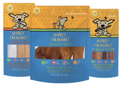 three bag bundle of bully sticks (5 pcs), crunchy ears (4 pcs) and horn chew (1 piece)