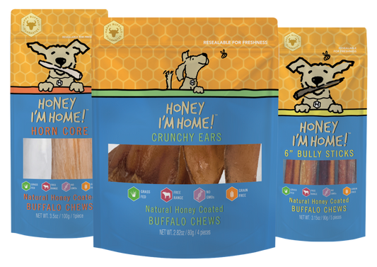 three bag bundle of bully sticks (5 pcs), crunchy ears (4 pcs) and horn chew (1 piece)