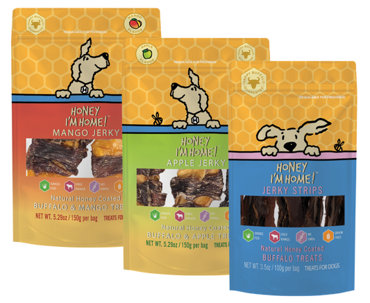 three pkgs honey-coated water buffalo jerky treats: mango wrap jerky,  apple jerky and jerky strips
