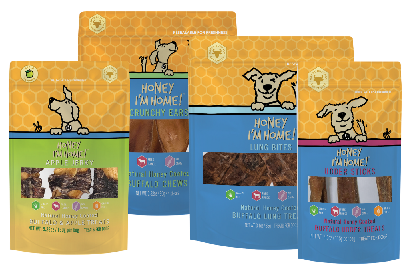 four pack Fab Feast dog treat bundle: apple jerky, cruncy buffalo ears, lung bites and udder sticks.