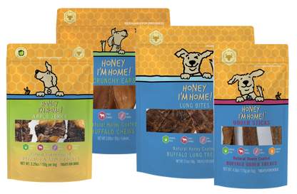four pack Fab Feast dog treat bundle: apple jerky, cruncy buffalo ears, lung bites and udder sticks.