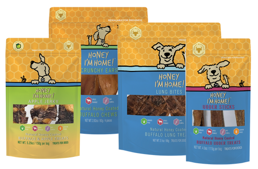 four pack Fab Feast dog treat bundle: apple jerky, cruncy buffalo ears, lung bites and udder sticks.