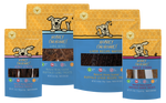 yellow and blue, four pack, Golden Goodies Dog Treat bundle - buffalo jerky, bites, strips, wafers