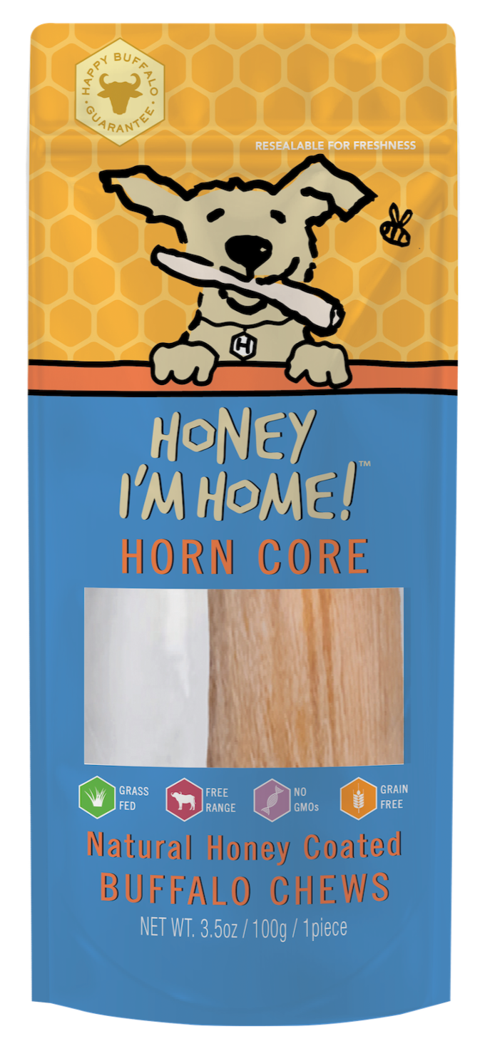 blue and yellow package honey coated horn core, clear window shows one horn core, 3.5 oz.