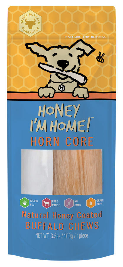 blue and yellow package honey coated horn core, clear window shows one horn core, 3.5 oz.