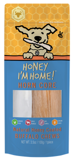 blue and yellow package honey coated horn core, clear window shows one horn core, 3.5 oz.