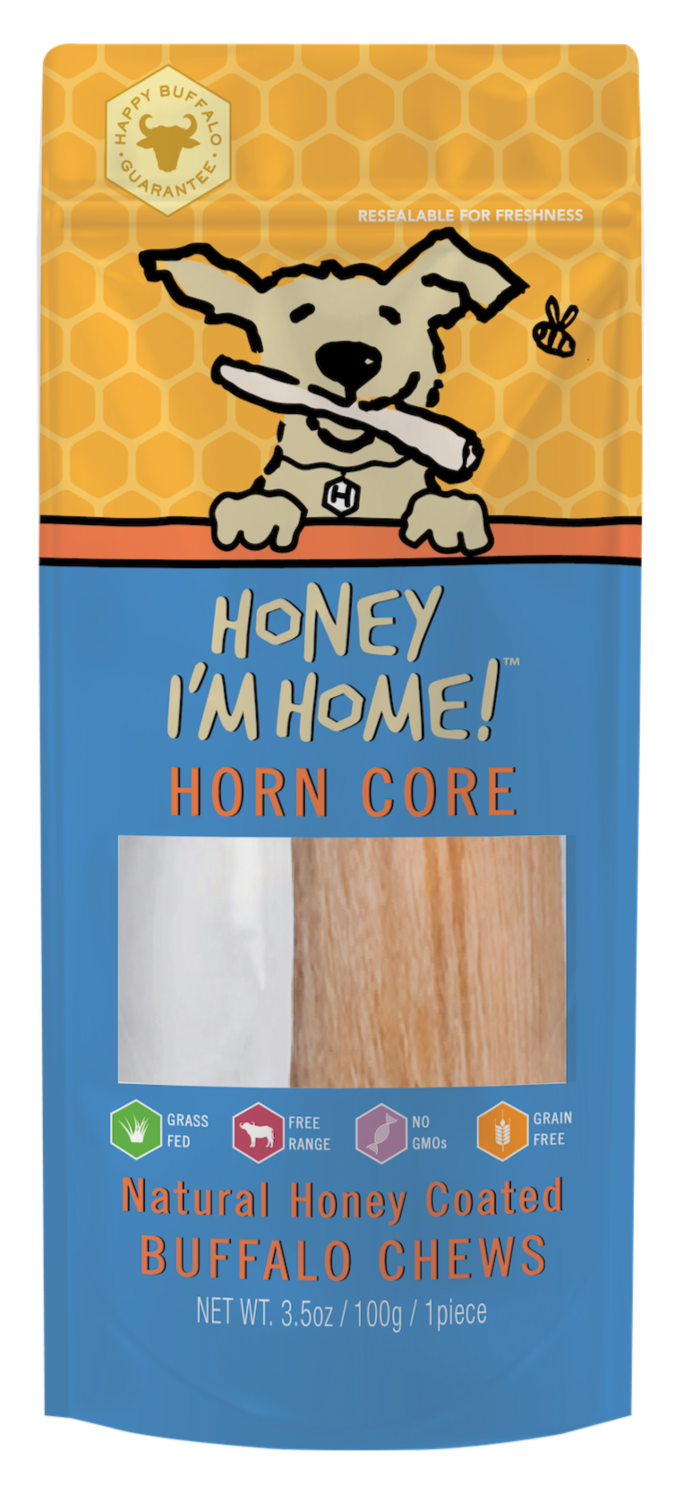 yellow and blue package long lasting unique honey-coated horn core buffalo chew (1 piece) approx. 3.5 oz.