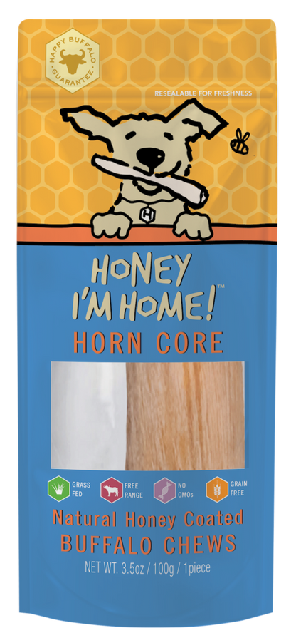 yellow and blue package long lasting unique honey-coated horn core buffalo chew (1 piece) approx. 3.5 oz.