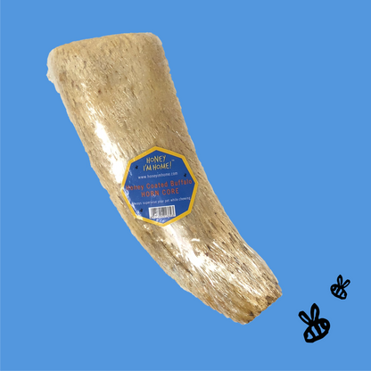 single honey coated water buffalo horn core, bulk, blue label, two black bees, bottom right
