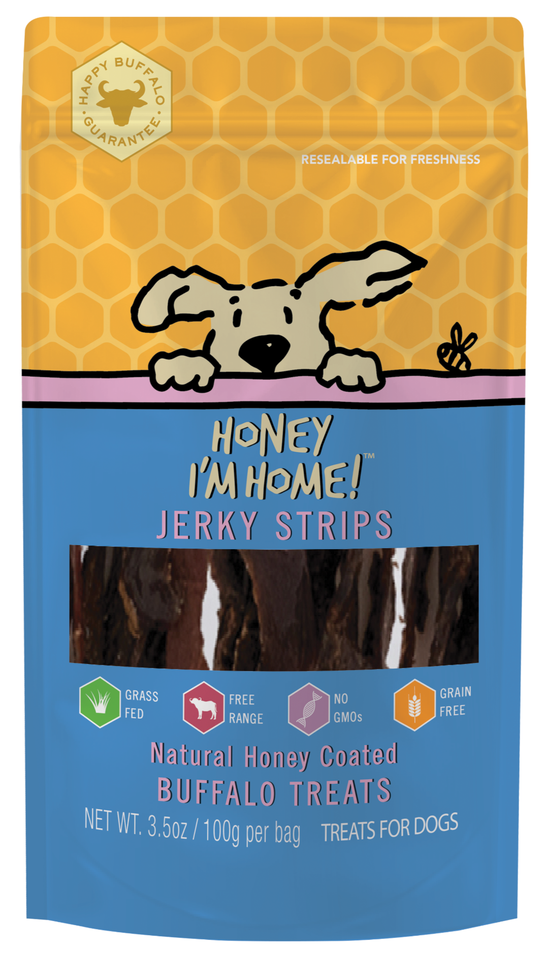 front, blue, yellow package, pink stripe in middle, clear window shows honey coated buffalo jerky strips. 3.5 oz