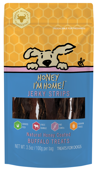 front, blue, yellow package, pink stripe in middle, clear window shows honey coated buffalo jerky strips. 3.5 oz