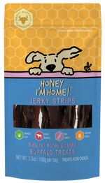 front, blue, yellow package, pink stripe in middle, clear window shows honey coated buffalo jerky strips. 3.5 oz