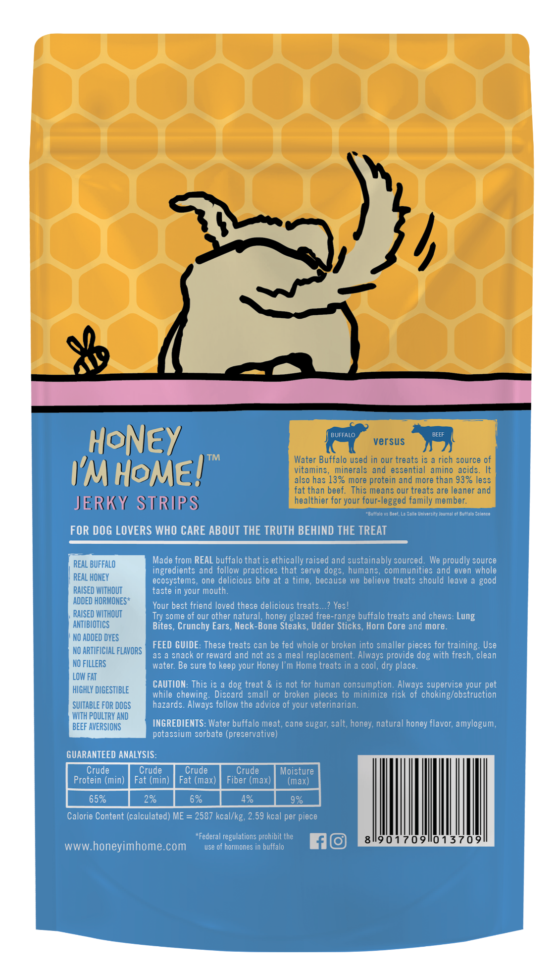 back of yellow and blue package, benefits on left, ingredients on right
