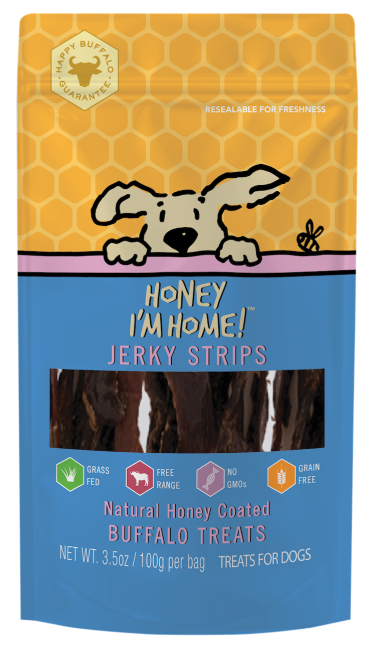 yellow and blue pkg. of honey-coated buffalo jerky strips (3.5 oz) 