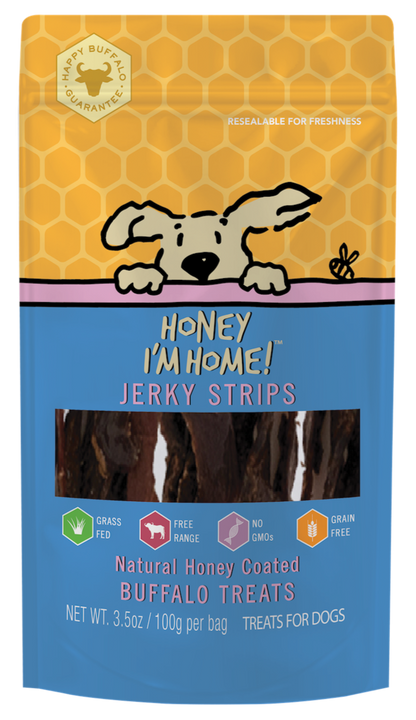 yellow and blue pkg. of honey-coated buffalo jerky strips (3.5 oz) 